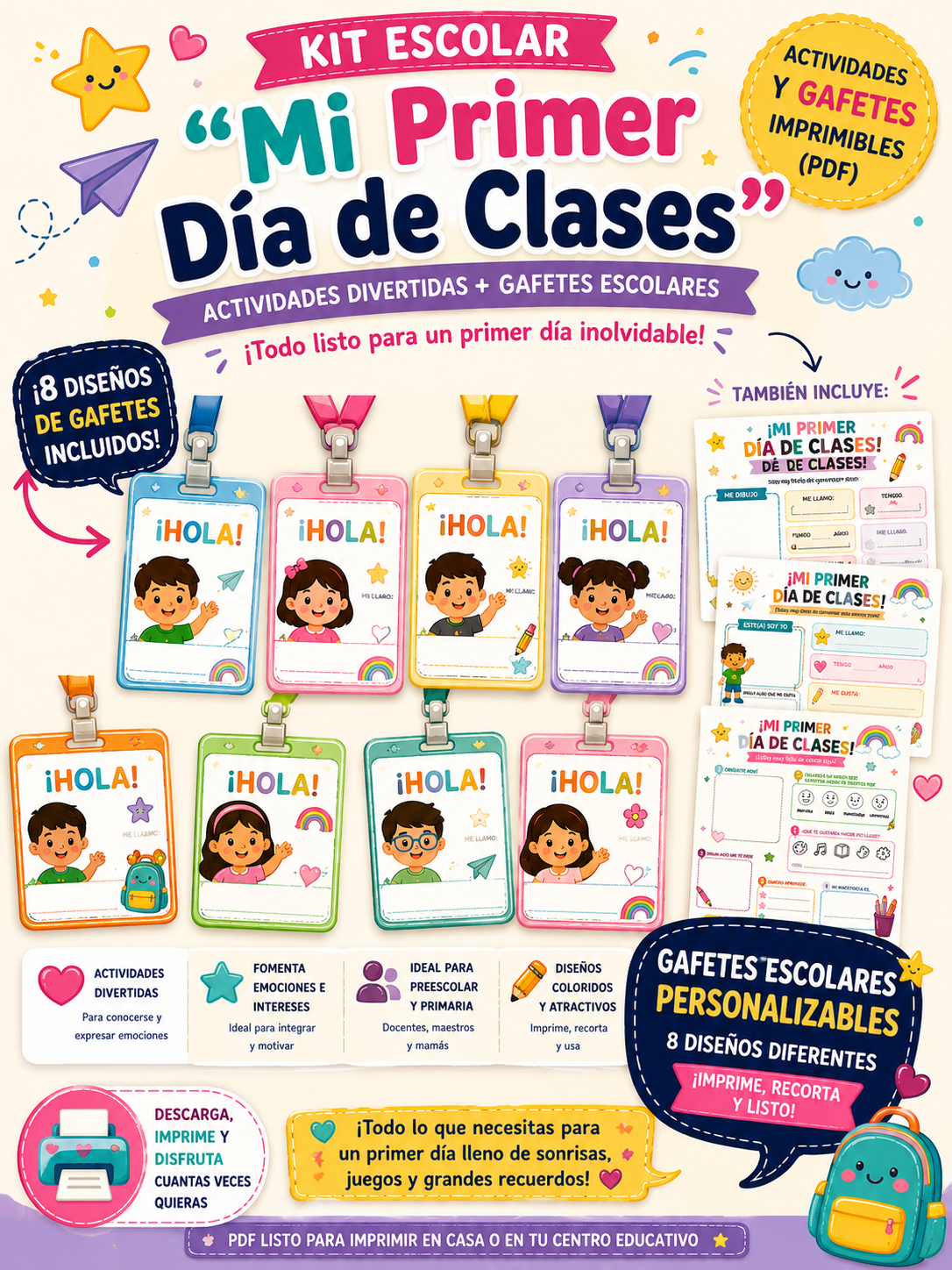 🎒 Kit Escolar "Mi Primer Día de Clases" | Actividades y Gafetes Imprimibles (PDF)